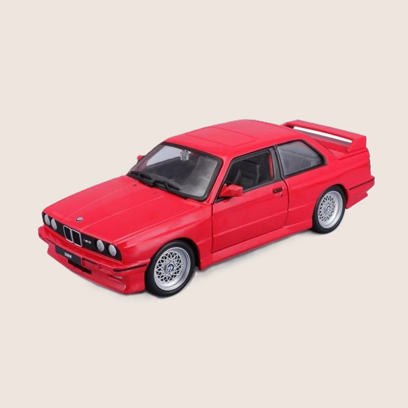 Bburago BMW M3 E30 1988 1:24 car model in red with detailed design and realistic details