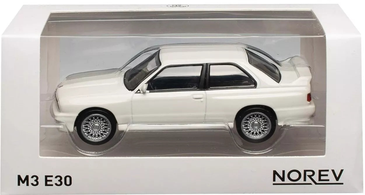Norev 1:43 BMW E30 M3 1987 in white with classic motorsport stripes
