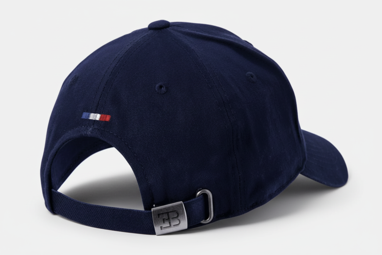 Blue Bugatti baseball cap with embroidered Macaron logo and adjustable fit