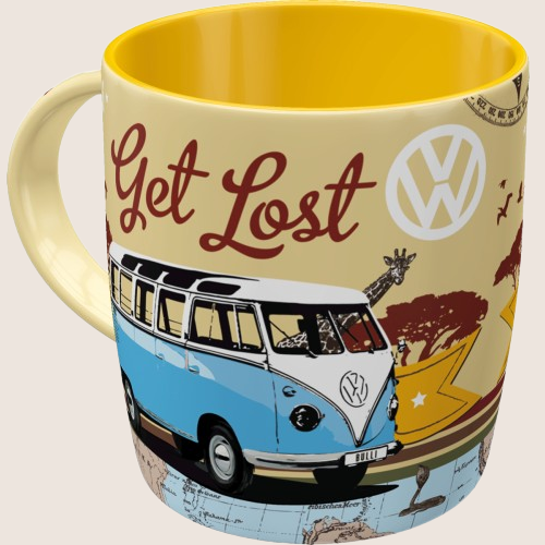 VW Bulli "Let's Get Lost" Mug - Ceramic mug with iconic VW Bulli motif and the text "Let's Get Lost". Ideal for coffee and tea lovers and VW enthusiasts.