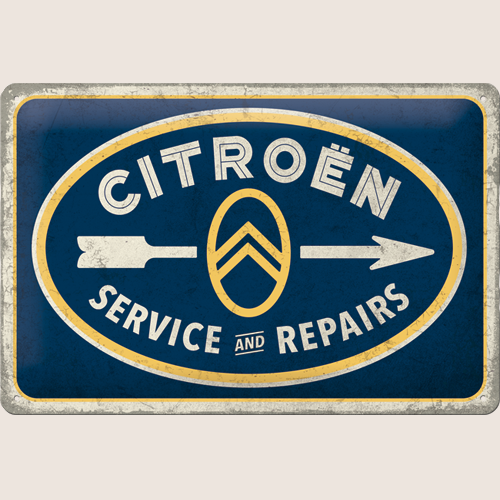 Citroën Service & Repairs tin sign 20×30 cm - retro metal plate with embossed Citroën chevron logo and the text "Service & Repairs" in blue and yellow. Officially licensed nostalgic sign for garage, workshop or collector's home.