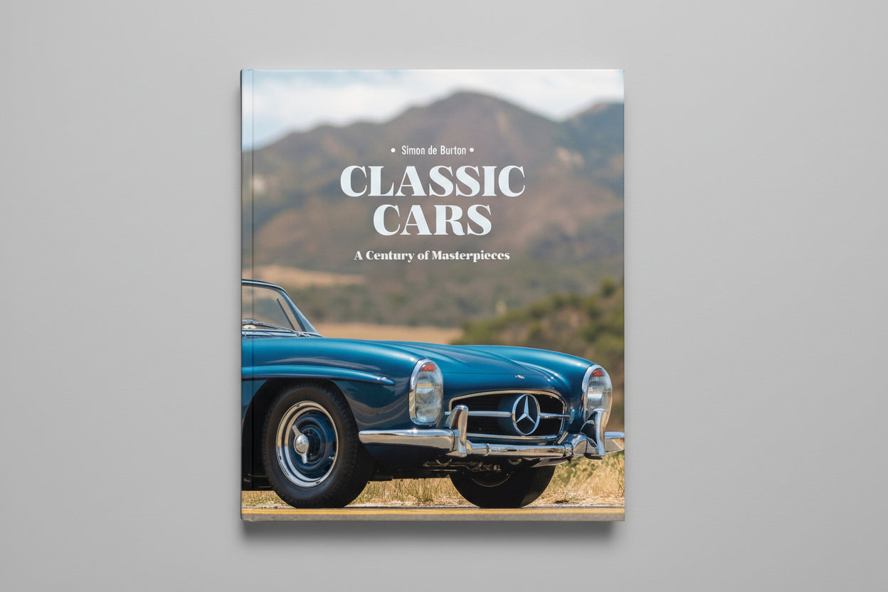 Classic Cars: A Century of Masterpieces by Simon de Burton, hardcover book with history and photographs of iconic classic cars