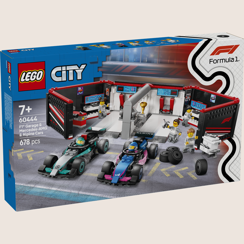 LEGO City F1 Garage Mercedes AMG & Alpine Cars - LEGO set with Formula 1 garage and 2 F1 racers from Mercedes-AMG and Alpine.