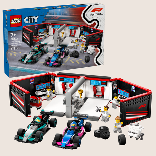 LEGO City F1 Garage Mercedes AMG & Alpine Cars - LEGO set with Formula 1 garage and 2 F1 racers from Mercedes-AMG and Alpine.