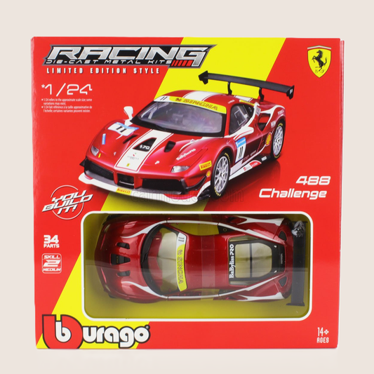 Bburago Ferrari 488 Challenge 1:24 - metal/plastic kit model with clear details, including open parts such as doors and engine compartment. Inspired by the #11 Ferrari Challenge race car from 2017, perfect for collectors and motorsport enthusiasts.