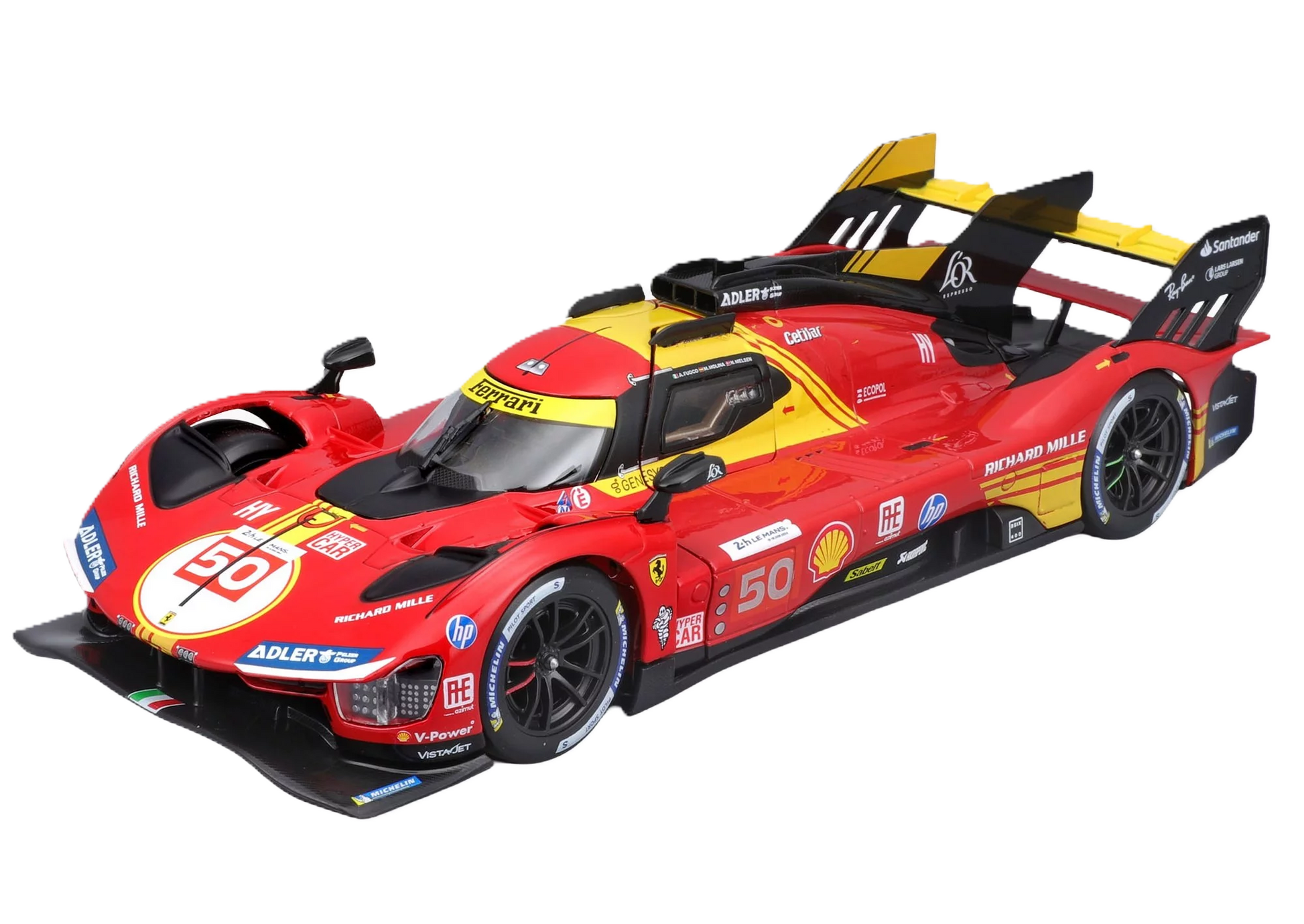 Bburago Ferrari 499P N°50 2024 1:18 - Diecast model of the Ferrari 499P Hypercar, winner of the 2024 24 Hours of Le Mans (#50 AF Corse) with open doors and bonnet. Scale 1:18, delivered with display box. 