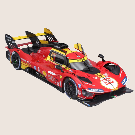 Bburago Ferrari 499P N°50 2024 1:18 - Diecast model of the Ferrari 499P Hypercar, winner of the 2024 24 Hours of Le Mans (#50 AF Corse) with open doors and bonnet. Scale 1:18, delivered with display box. 