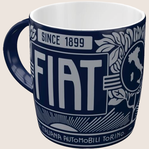 Fiat Fabbrica Italiana Automobili Torino mug - Classic Fiat enamel mug, a tribute to Italian automotive history.