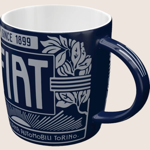 Fiat Fabbrica Italiana Automobili Torino mug - Classic Fiat enamel mug, a tribute to Italian automotive history.
