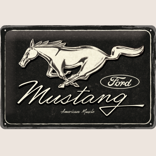 Ford Mustang Horse Logo Sign Black 20x30 cm - Metal sign with iconic Mustang logo in black design. Perfect retro wall decoration for the garage, workshop or car collector's room.