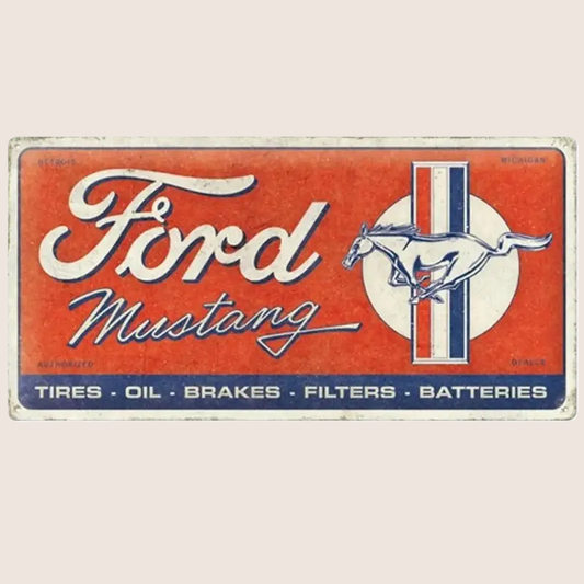 Ford Mustang Horse and Stripes Logo Red Tin Sign 25x50 cm - Oblong retro metal sign with iconic Mustang logo and stripes in red design. Ideal for garage, workshop or as a gift for car enthusiasts.
