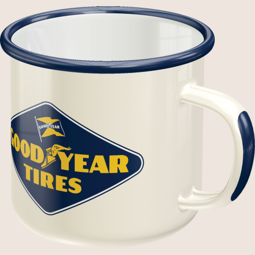 Goodyear Mug - Enamel - Retro Goodyear enamel mug, perfect for car enthusiasts and collectors.