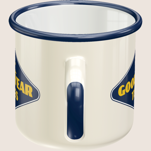 Goodyear Mug - Enamel - Retro Goodyear enamel mug, perfect for car enthusiasts and collectors.