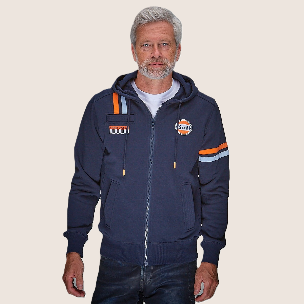 Gulf Hybrid Hoody Navy from GrandPrix Originals with racing stripes and embroidered Gulf logo