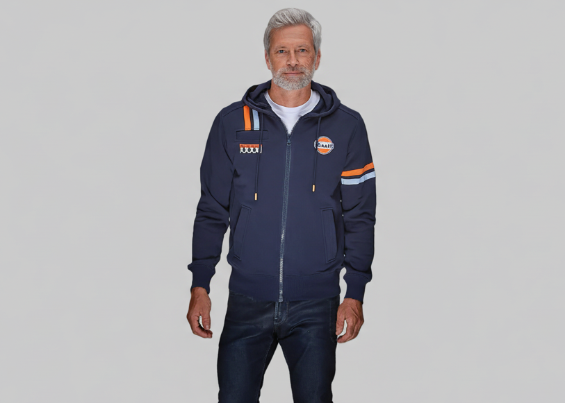 Gulf Hybrid Hoody Navy from GrandPrix Originals with racing stripes and embroidered Gulf logo