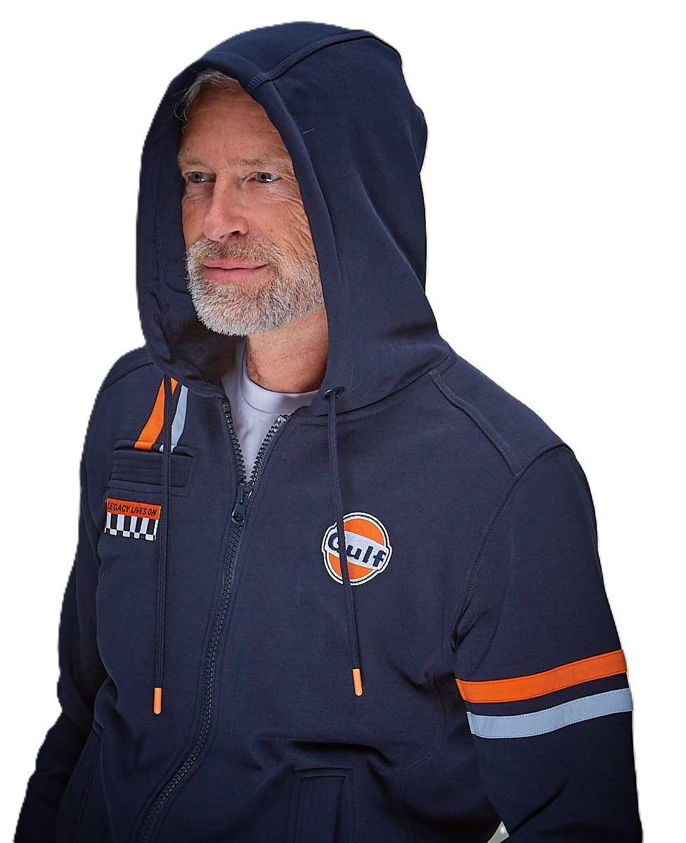 Gulf Hybrid Hoody Navy from GrandPrix Originals with racing stripes and embroidered Gulf logo