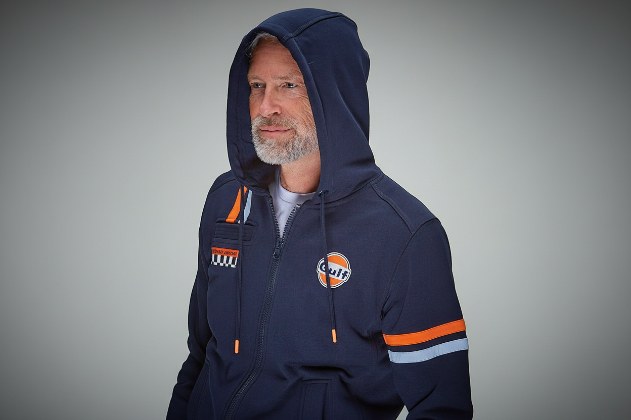 Gulf Hybrid Hoody Navy from GrandPrix Originals with racing stripes and embroidered Gulf logo