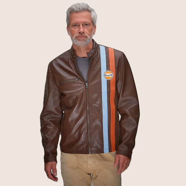 Gulf Roadmaster Choco leather jacket from GrandPrix Originals in brown with classic Gulf details