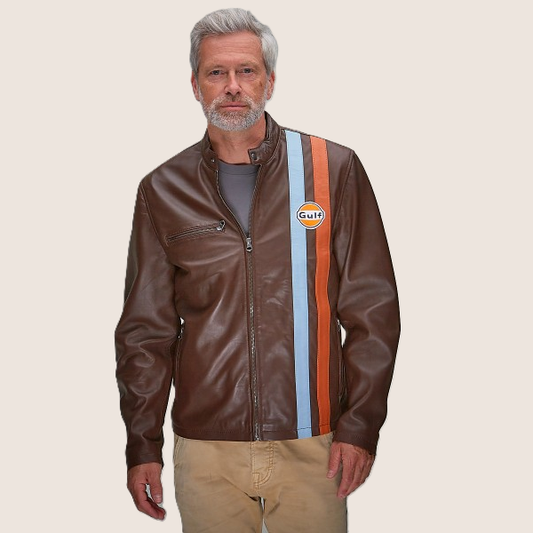 Gulf Roadmaster Choco leather jacket from GrandPrix Originals in brown with classic Gulf details