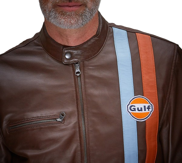 Gulf Roadmaster Choco leather jacket from GrandPrix Originals in brown with classic Gulf details