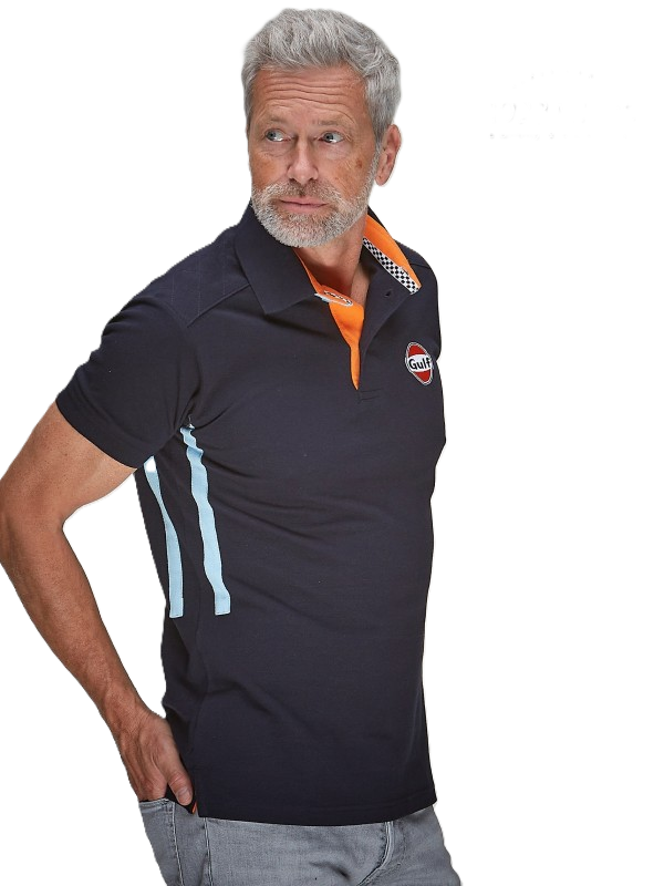 Gulf Side Stripe Polo Navy - Sporty polo in navy blue with iconic Gulf racing stripes along the side. Comfortable cotton design, perfect for motorsport fans and everyday wear.