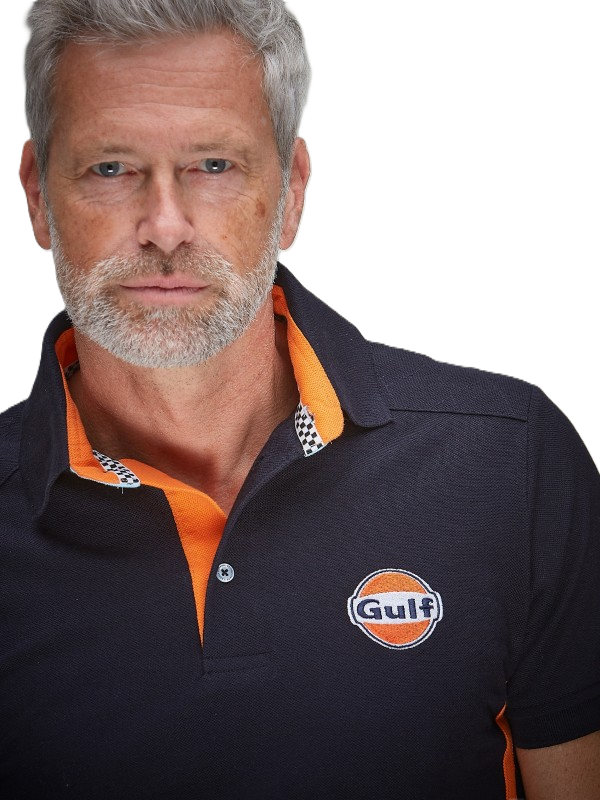 Gulf Side Stripe Polo Navy - Sporty polo in navy blue with iconic Gulf racing stripes along the side. Comfortable cotton design, perfect for motorsport fans and everyday wear.