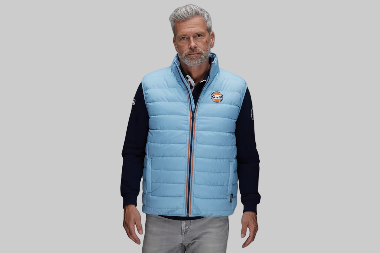 Gulf Wendeweste Blue from GrandPrix Originals - reversible vest with Gulf colors and motorsport-inspired design