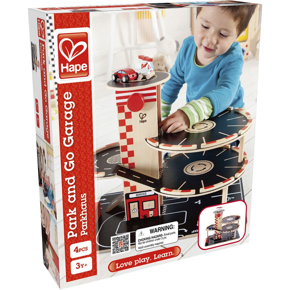 Hape Park & Go Garage - Large multi-level garage for toy cars.