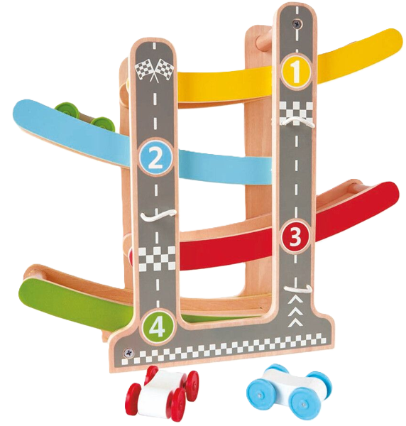 Hape Fast Flip Racetrack (E0438) - Colorful and sturdy wooden car track in 1:64 scale, designed for children from 18 months. The cars drive down the colored ramps and flip-flip from track to track, creating entertaining and educational play. Made from sustainable wood with non-toxic paint and CE marked for safety.