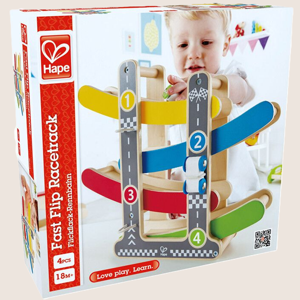 Hape Fast Flip Racetrack (E0438) - Colorful and sturdy wooden car track in 1:64 scale, designed for children from 18 months. The cars drive down the colored ramps and flip-flip from track to track, creating entertaining and educational play. Made from sustainable wood with non-toxic paint and CE marked for safety.