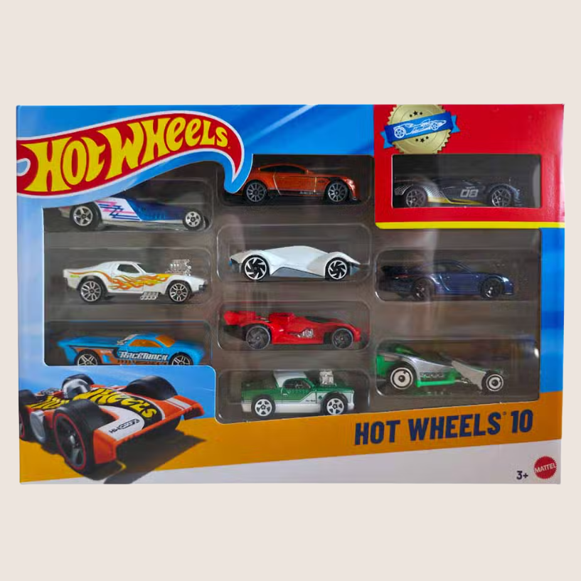 Hot Wheels 10 Pak No. 2 - A collection of 10 metal cars in 1:64 scale, designed to stimulate children's imagination and play. The pack contains a varied mix of models including sports cars, off-road vehicles and futuristic designs, all with detailed decorations and colors. Perfect for both collectors and kids who love speed and adventure.