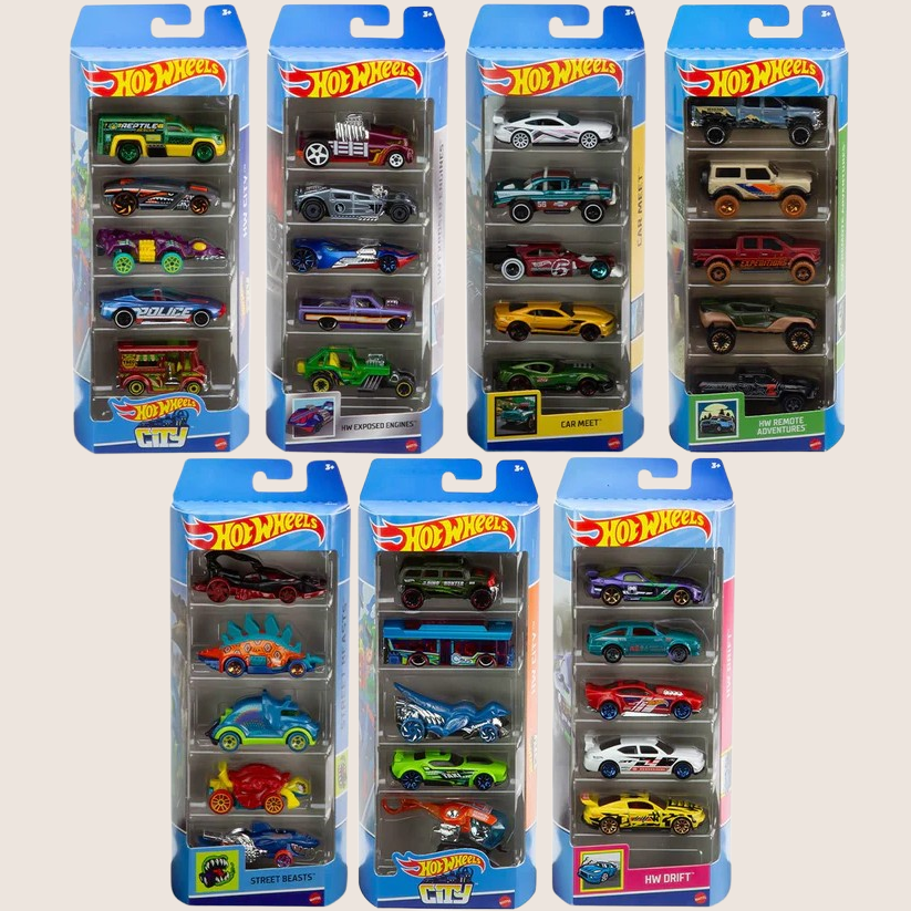 Hot Wheels 5-Pack - Pack of 5 cool Hot Wheels cars in 1:64 scale. Each car has a unique design and cool details - ideal for both play and collecting.