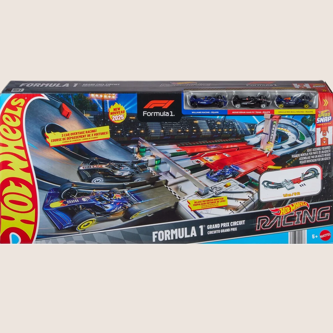 Hot Wheels Grand Prix track set inspired by Formula 1 with high-speed tracks
