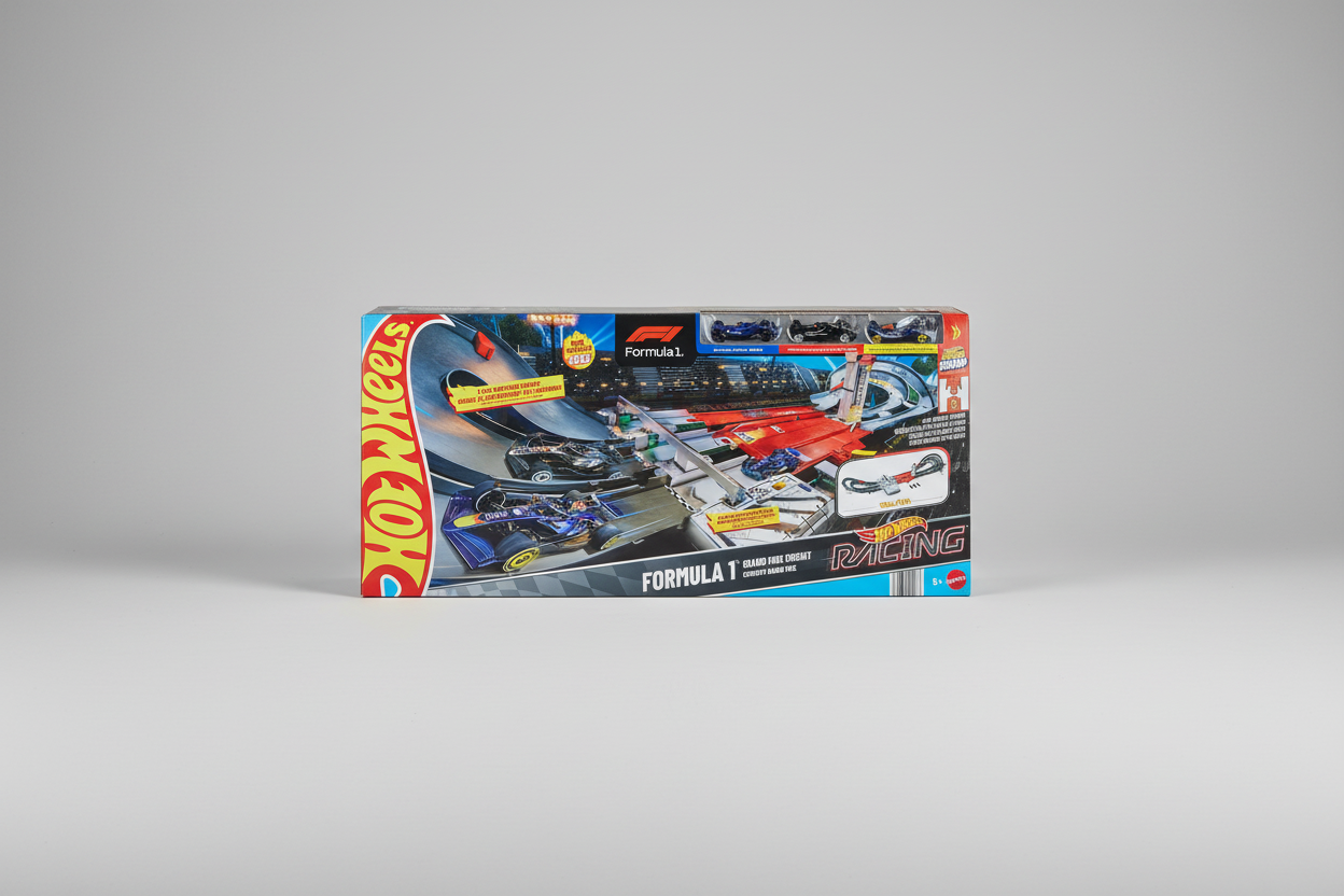 Hot Wheels Grand Prix track set inspired by Formula 1 with high-speed tracks