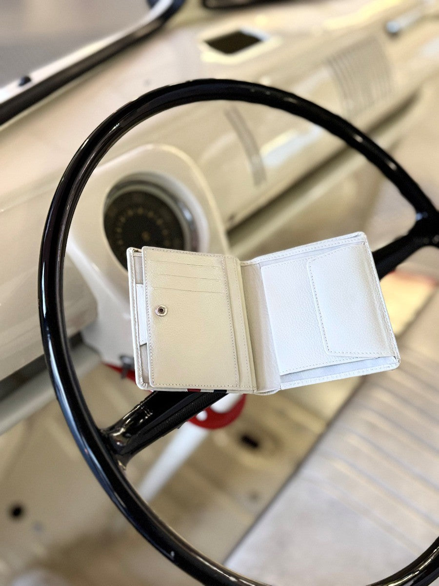 GrandPrix Originals Ivory Wallet - elegant bi-fold wallet in soft ivory nappa leather with embossed GrandPrix logo, spacious for cards, notes and coins - perfect for motorsport fans who want classic style and functionality. 