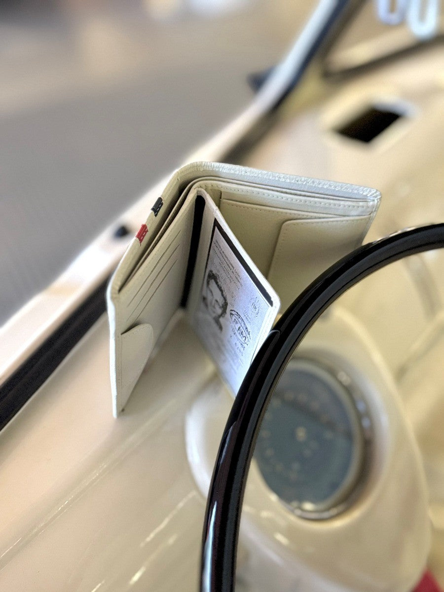 GrandPrix Originals Ivory Wallet - elegant bi-fold wallet in soft ivory nappa leather with embossed GrandPrix logo, spacious for cards, notes and coins - perfect for motorsport fans who want classic style and functionality. 