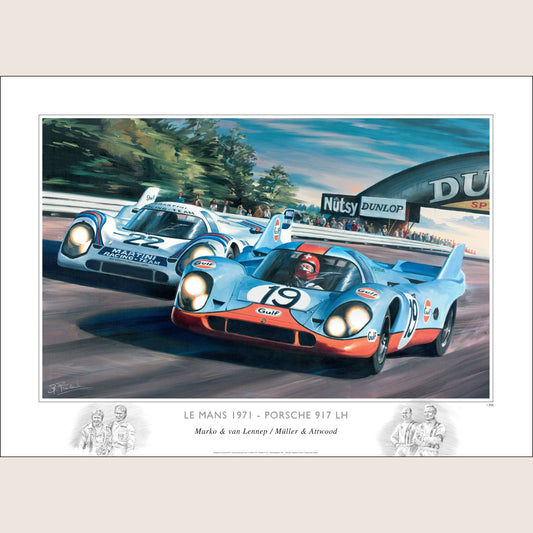 Porsche 917, Le Mans 1971 - 70x50 - Art print of the Porsche 917 at Le Mans 1971, capturing a legendary moment in motorsport.