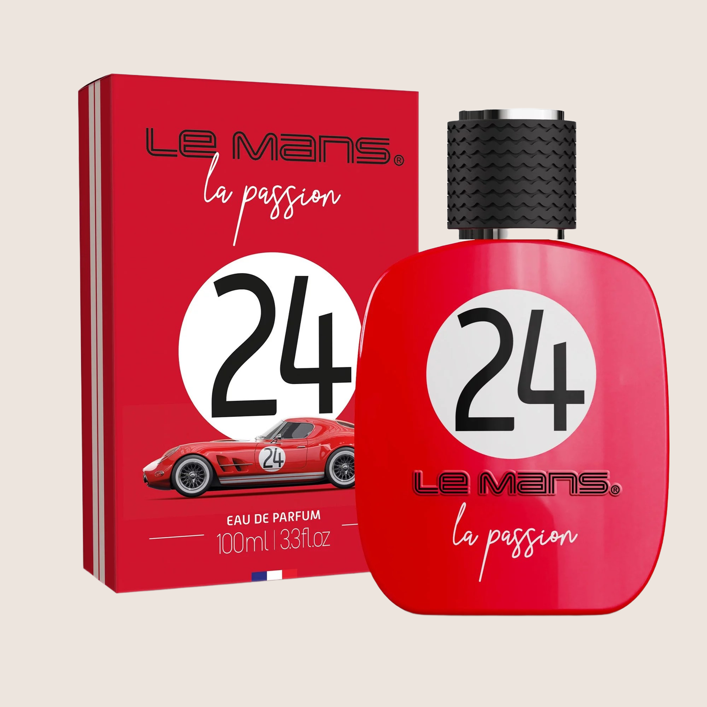 Perfume La Passion - 24H Le Mans: Eau de Parfum in 100 ml bottle, inspired by the iconic Le Mans race. Fragrance notes of grapefruit peel, lavender, intense caramel, vanilla, leather and moss crystals. Made in France by Corania. A sensual and powerful fragrance that captures the passion of motorsports.