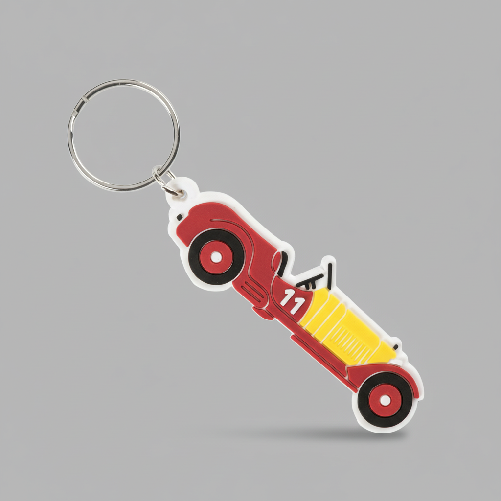 Silhouette Car Keychain - 24H Le Mans: Elegant metal keychain shaped like a car silhouette, inspired by the iconic 24-hour Le Mans race. Measuring 70 x 2 mm and available in multiple colors, this is a stylish and functional gift for motorsport fans.