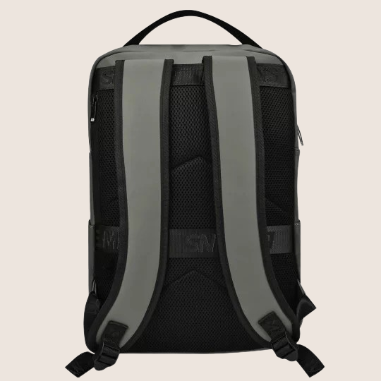 Racing Backpack - 24H Le Mans (Gray): Stylish and durable backpack in gray with iconic Le Mans details and track corner print. Made of water-repellent polyurethane with suede lining, adjustable straps and measures 29 x 13 x 43 cm - perfect for everyday use and travel.