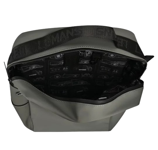 Racing Backpack - 24H Le Mans (Gray): Stylish and durable backpack in gray with iconic Le Mans details and track corner print. Made of water-repellent polyurethane with suede lining, adjustable straps and measures 29 x 13 x 43 cm - perfect for everyday use and travel.