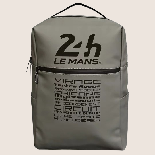 Racing Backpack - 24H Le Mans (Gray): Stylish and durable backpack in gray with iconic Le Mans details and track corner print. Made of water-repellent polyurethane with suede lining, adjustable straps and measures 29 x 13 x 43 cm - perfect for everyday use and travel.