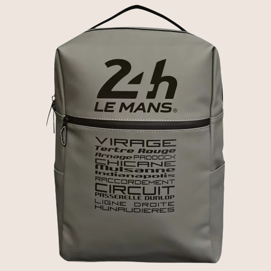 Racing Backpack - 24H Le Mans (Gray): Stylish and durable backpack in gray with iconic Le Mans details and track corner print. Made of water-repellent polyurethane with suede lining, adjustable straps and measures 29 x 13 x 43 cm - perfect for everyday use and travel.