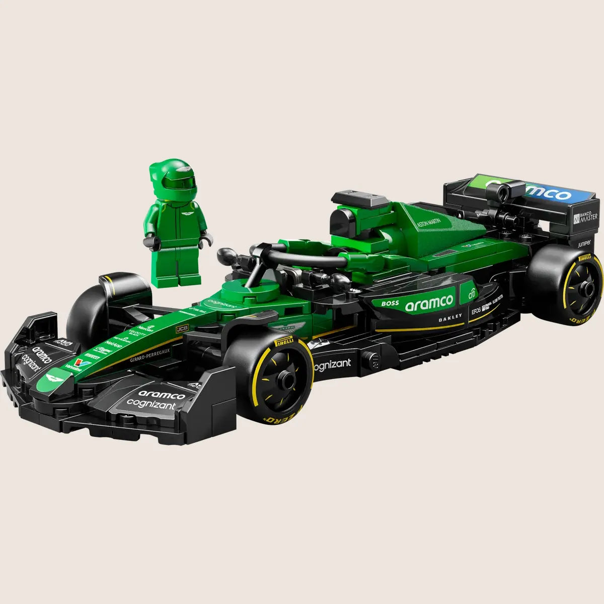 LEGO Speed Champions Aston Martin Aramco F1® AMR24 Race Car (77245) - detailed model of the Aston Martin F1 AMR24 from the 2024 season. Set includes an Aston Martin F1 driver minifigure, cockpit with safety bar, rear wing, wishbone suspension and sponsor stickers. Perfect for both play and display.