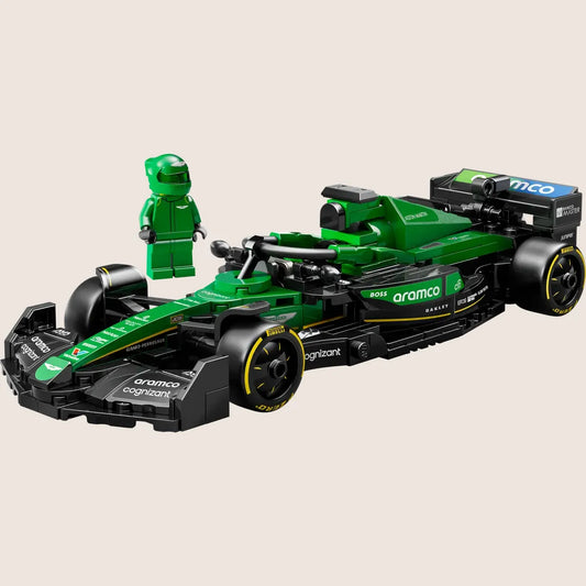 LEGO Speed Champions Aston Martin Aramco F1® AMR24 Race Car (77245) - detailed model of the Aston Martin F1 AMR24 from the 2024 season. Set includes an Aston Martin F1 driver minifigure, cockpit with safety bar, rear wing, wishbone suspension and sponsor stickers. Perfect for both play and display.