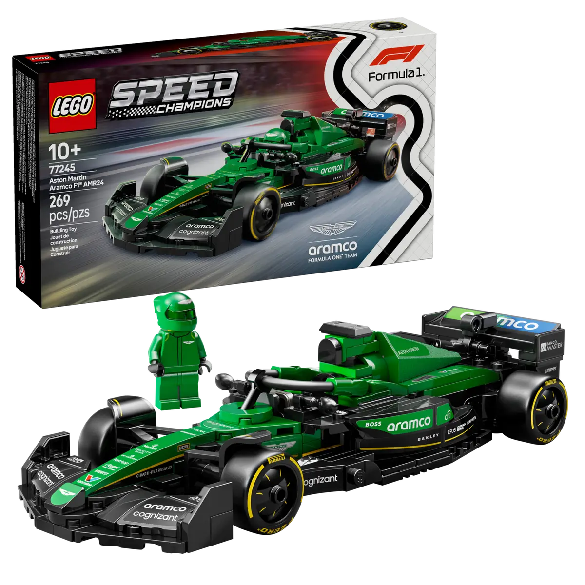 LEGO Speed Champions Aston Martin Aramco F1® AMR24 Race Car (77245) - detailed model of the Aston Martin F1 AMR24 from the 2024 season. Set includes an Aston Martin F1 driver minifigure, cockpit with safety bar, rear wing, wishbone suspension and sponsor stickers. Perfect for both play and display.