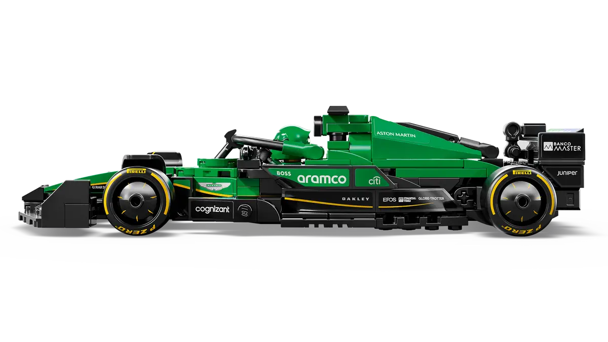 LEGO Speed Champions Aston Martin Aramco F1® AMR24 Race Car (77245) - detailed model of the Aston Martin F1 AMR24 from the 2024 season. Set includes an Aston Martin F1 driver minifigure, cockpit with safety bar, rear wing, wishbone suspension and sponsor stickers. Perfect for both play and display.