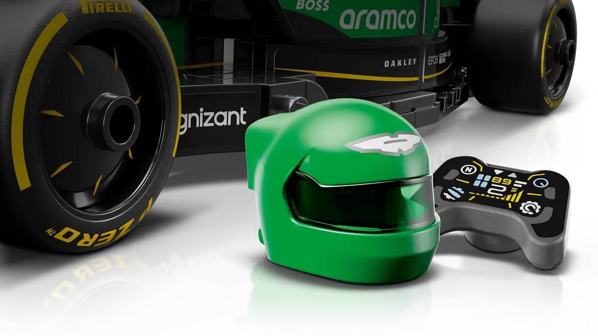 LEGO Speed Champions Aston Martin Aramco F1® AMR24 Race Car (77245) - detailed model of the Aston Martin F1 AMR24 from the 2024 season. Set includes an Aston Martin F1 driver minifigure, cockpit with safety bar, rear wing, wishbone suspension and sponsor stickers. Perfect for both play and display.