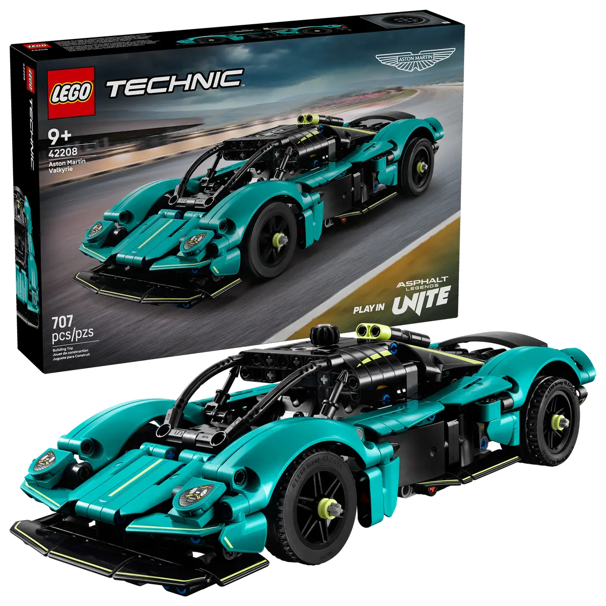 LEGO Technic 42208 Aston Martin Valkyrie - detailed 1:24 Technic model with 707 pieces, teal and black finish, functional gullwing doors, moving hydraulic pistons in the V12 engine, top steering wheel, opening hood, lifting engine cover and differential - authentic reproduction of the aerodynamic supercar