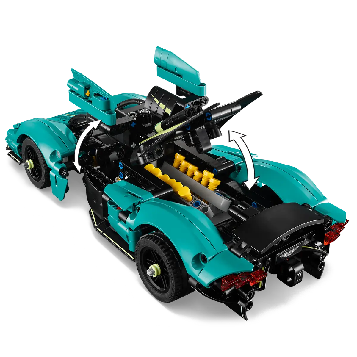 LEGO Technic 42208 Aston Martin Valkyrie - detailed 1:24 Technic model with 707 pieces, teal and black finish, functional gullwing doors, moving hydraulic pistons in the V12 engine, top steering wheel, opening hood, lifting engine cover and differential - authentic reproduction of the aerodynamic supercar